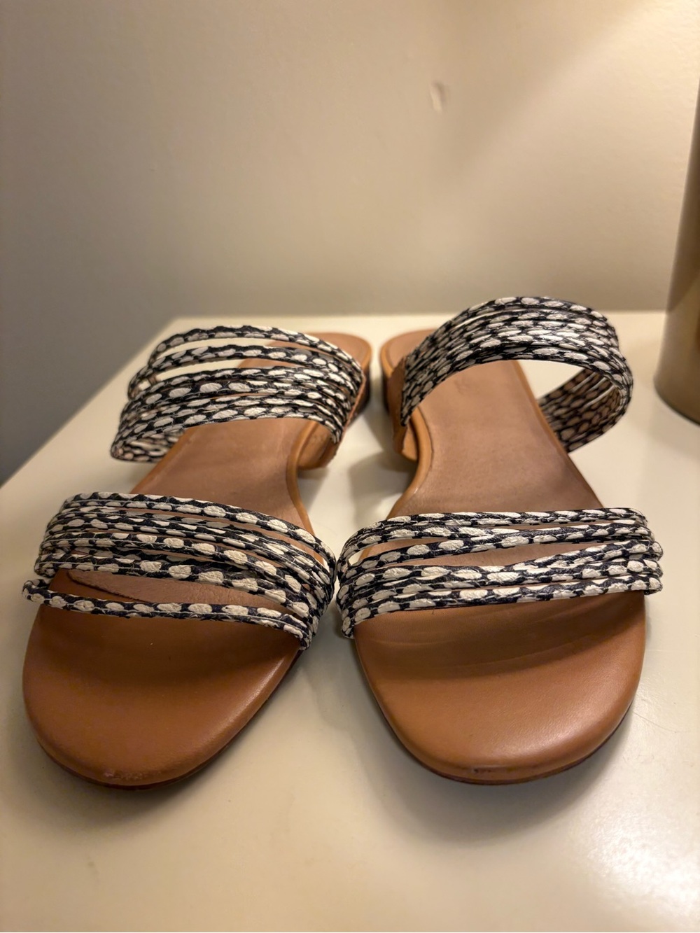 Women's Two-Band Leather Braided Slide Sandals in Black & Cream